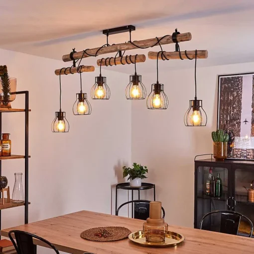 Plafonnier Gondo Bois Clair, Noir, 6 Lumieres
