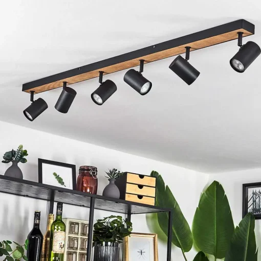 Plafonnier Javel Brun, Couleur Bois, Noir, 6 Lumieres