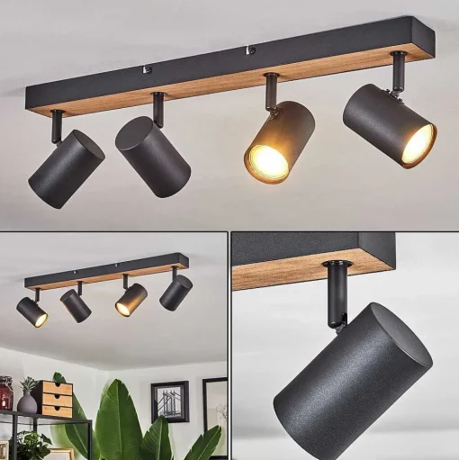 Plafonnier Javel Brun, Couleur Bois, Noir, 4 Lumieres