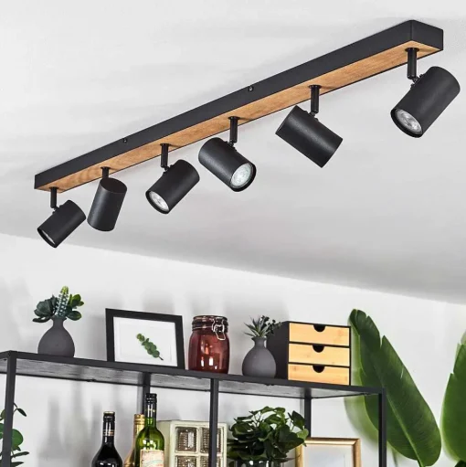 Plafonnier Javel Brun, Couleur Bois, Noir, 6 Lumieres