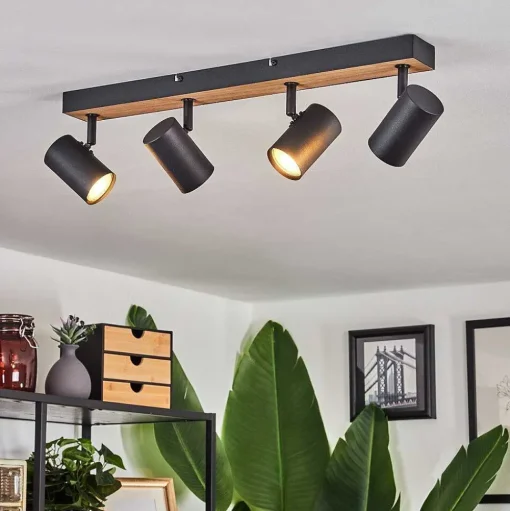 Plafonnier Javel Brun, Couleur Bois, Noir, 4 Lumieres