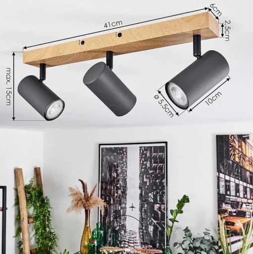 Plafonnier Javel Couleur Bois, Noir, 3 Lumieres