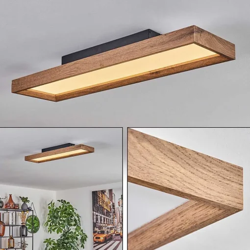 Plafonnier Longvic Led Brun, Couleur Bois, Noir, 1 Lumiere