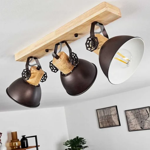 Plafonnier Orny Anthracite, Bois Clair, 3 Lumieres