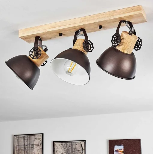 Plafonnier Orny Anthracite, Bois Clair, 3 Lumieres