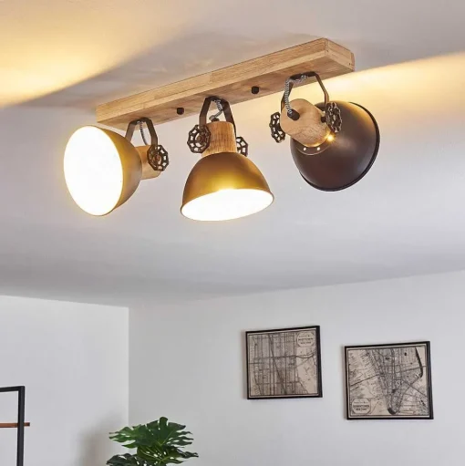 Plafonnier Orny Anthracite, Bois Clair, 3 Lumieres