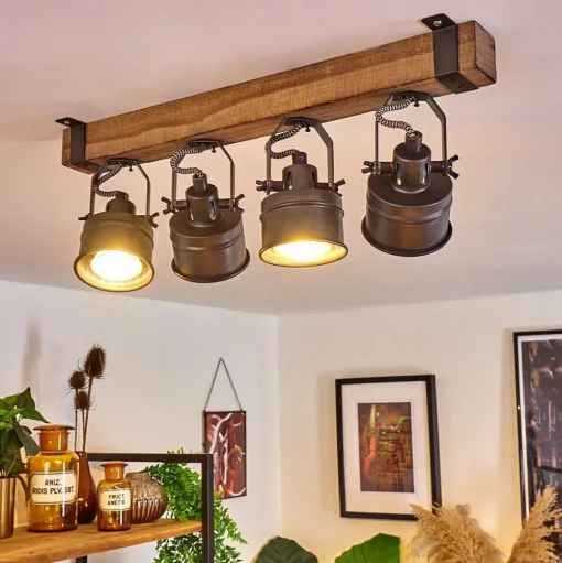 Plafonnier Pehefito Gris, Bois Fonce, Noir, 4 Lumieres