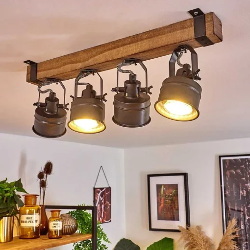 Plafonnier Pehefito Gris, Bois Fonce, Noir, 4 Lumieres