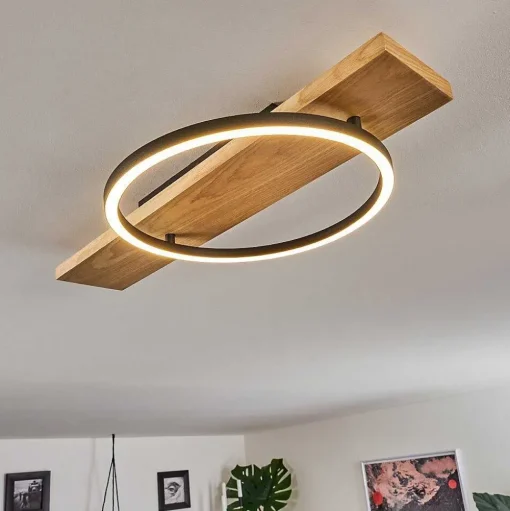 Plafonnier Pompu Led Bois Clair, Noir, 1 Lumiere