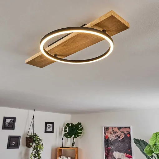 Plafonnier Pompu Led Bois Clair, Noir, 1 Lumiere