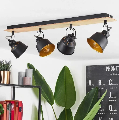 Plafonnier Safari Chrome, Bois Clair, Noir, 4 Lumieres