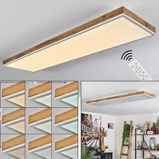 Plafonnier Salmi Led Brun, Couleur Bois, Blanc, 1 Lumiere, Telecommandes