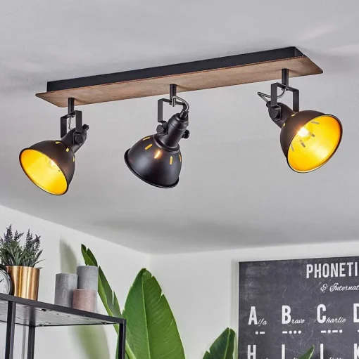 Plafonnier Tina Chrome, Bois Fonce, Noir, 3 Lumieres
