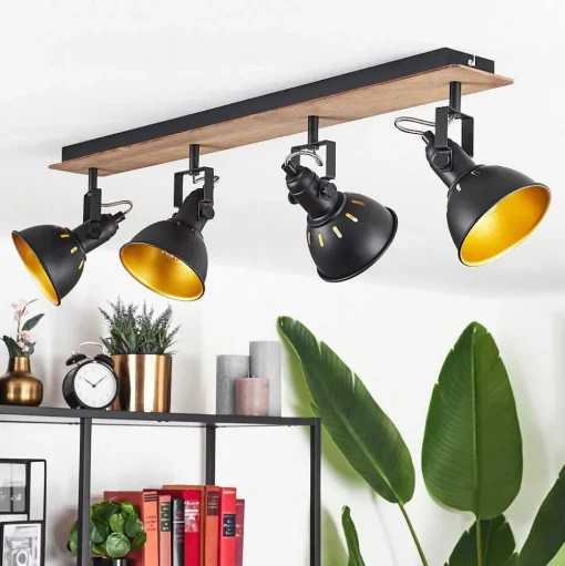 Plafonnier Tina Chrome, Bois Fonce, Noir, 4 Lumieres