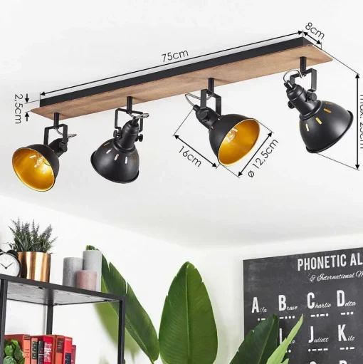 Plafonnier Tina Chrome, Bois Fonce, Noir, 4 Lumieres