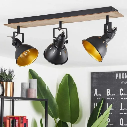 Plafonnier Tina Chrome, Bois Fonce, Noir, 3 Lumieres