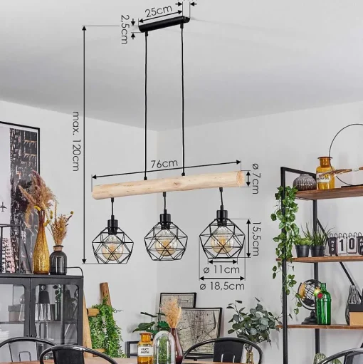 Suspension Bacabal Bois Clair, Noir, 3 Lumieres