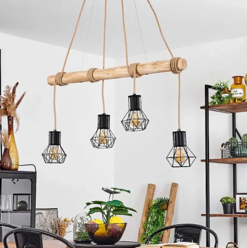 Suspension Mechaico Ecru, Noir, 4 Lumieres