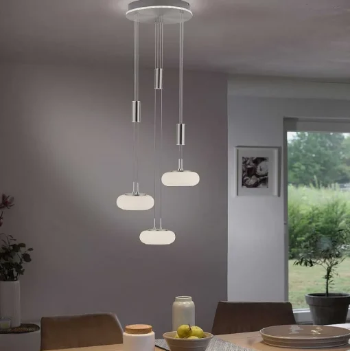 Suspension Paul-Neuhaus Q-Etienne Led Acier Brosse, 4 Lumieres, Telecommandes